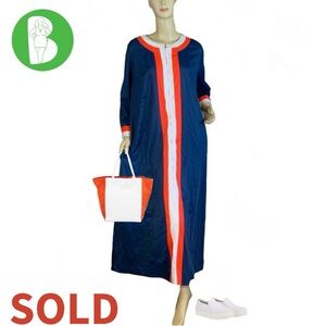 VINTAGE JC PENNEY BLUE & ORANGE NYLON PARTIAL ZIPPER FRONT 1970'S LOUNGEWEAR (L)